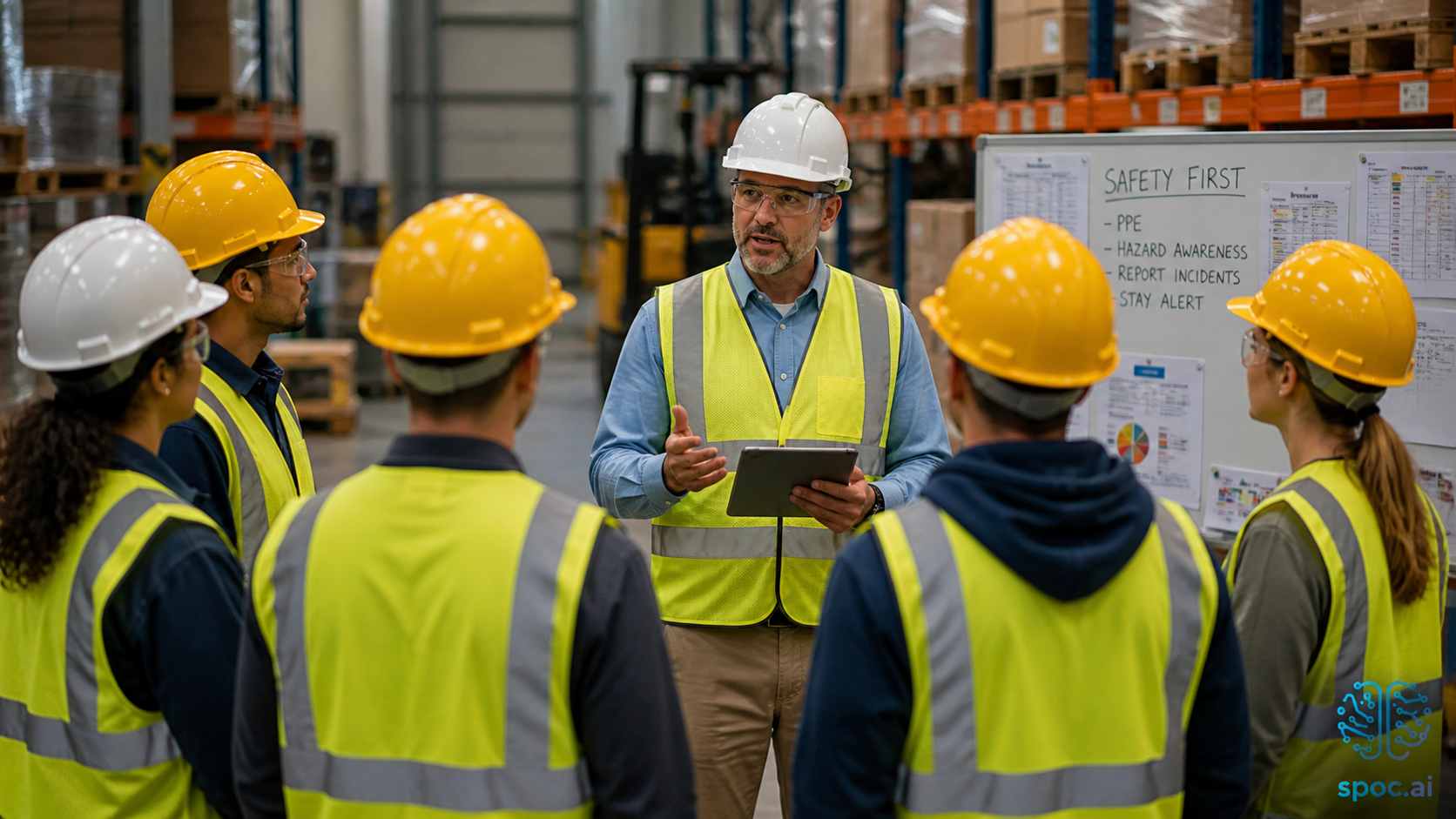 Safety manager conducting workforce toolbox talk with workers