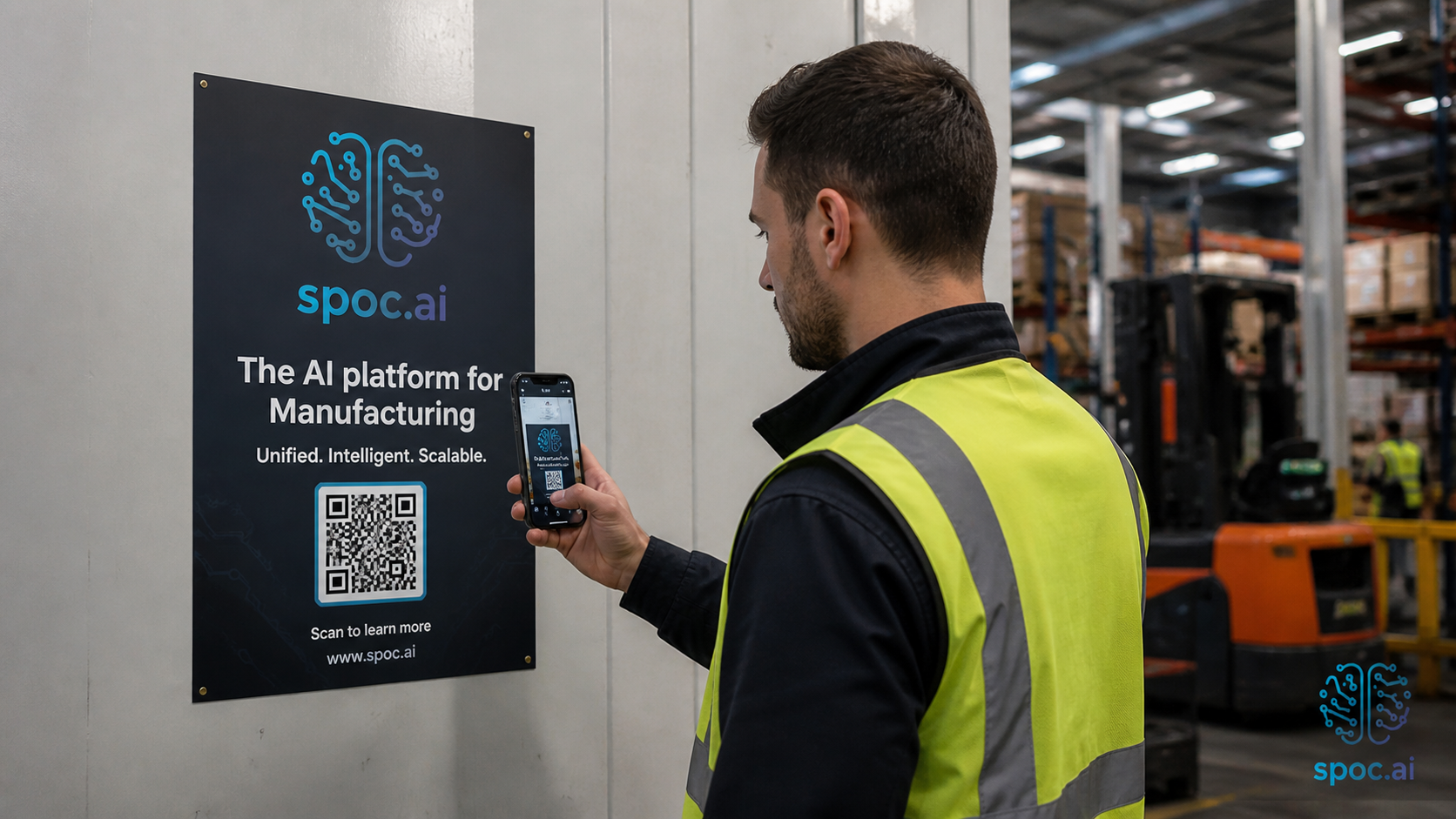 Worker scanning spoc.ai QR code poster on factory wall
