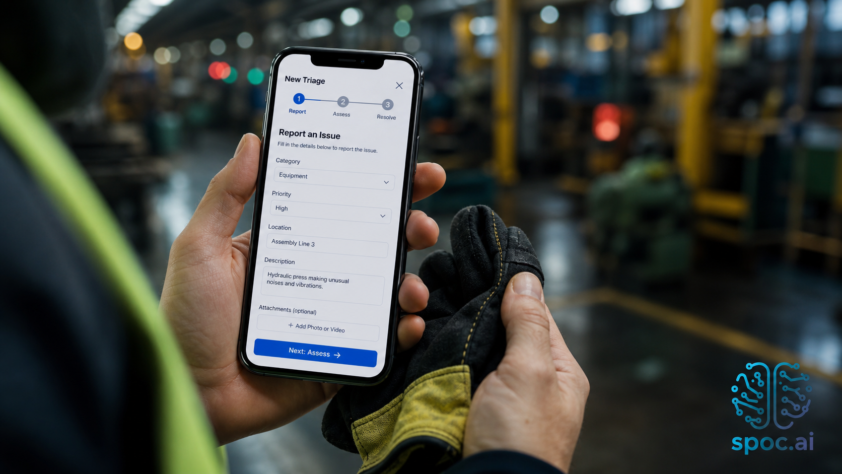 Worker using spoc.ai mobile triage app at industrial worksite