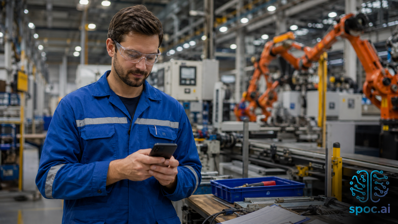 Manufacturing worker using mobile injury triage app on factory floor