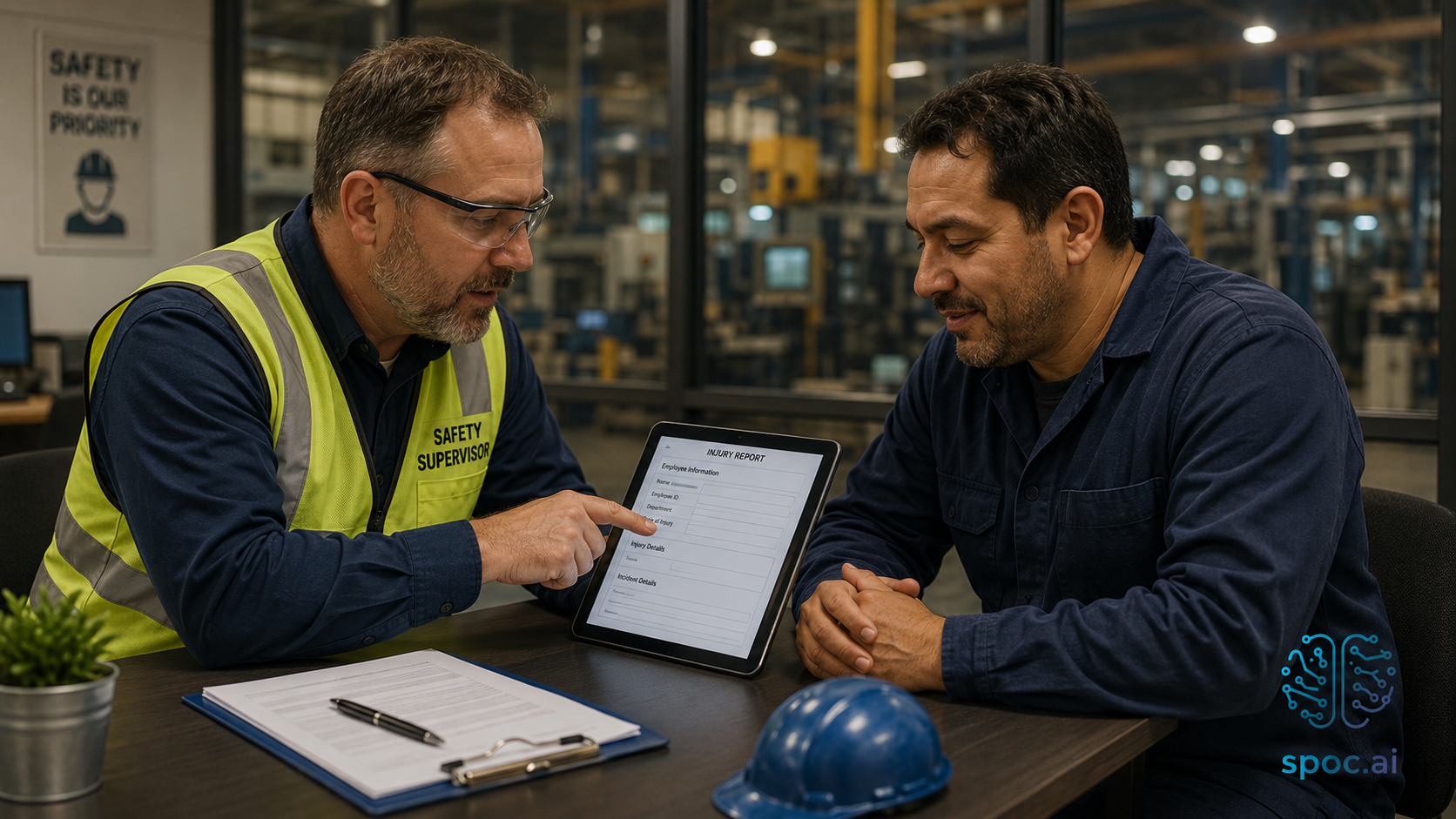 Safety supervisor reviewing structured injury report on tablet with worker