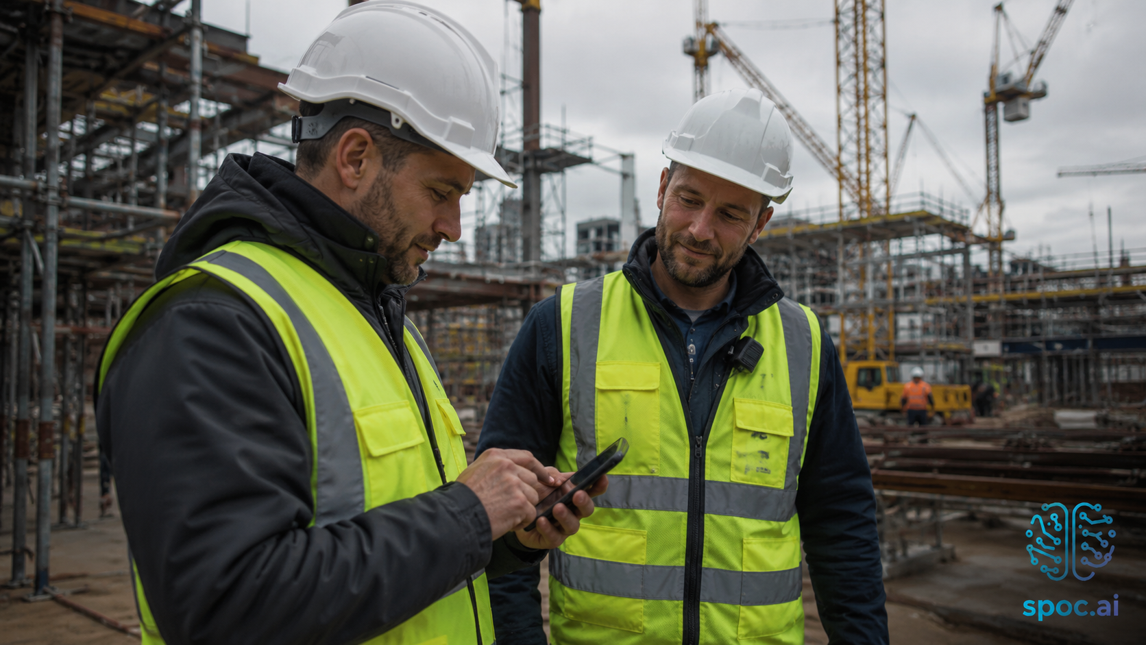 Construction workers using mobile app at building site