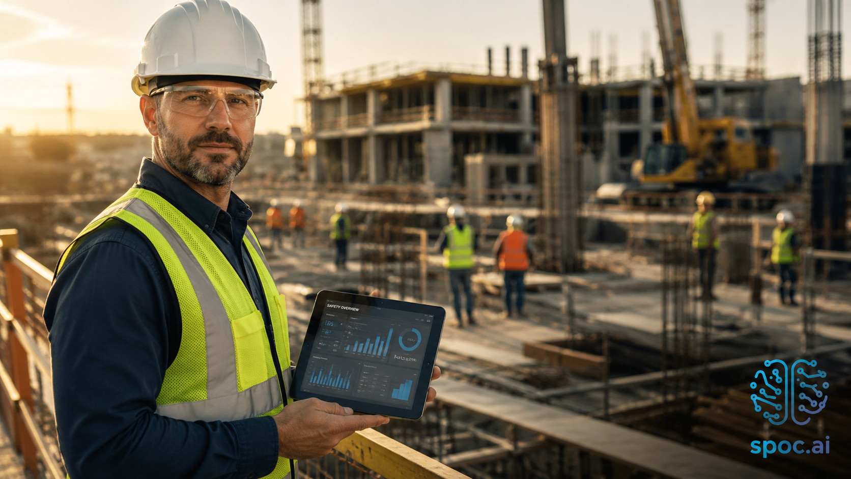 Site safety manager at construction site reviewing injury metrics on tablet