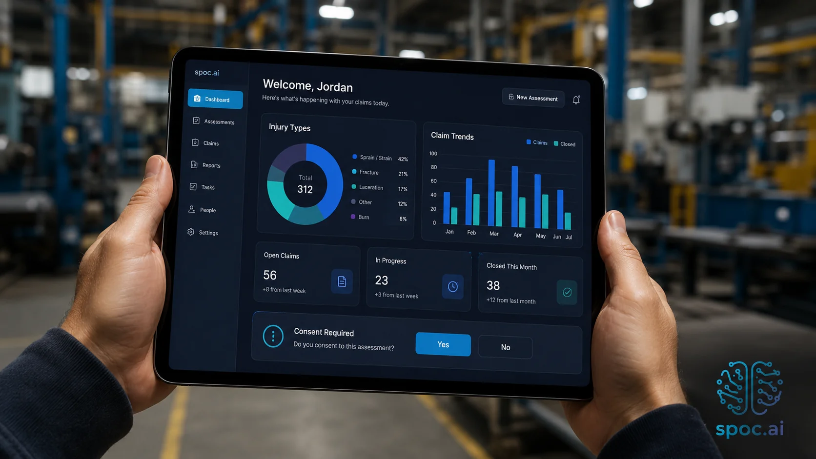 Logistics workers using spoc.ai on a smartphone in a warehouse