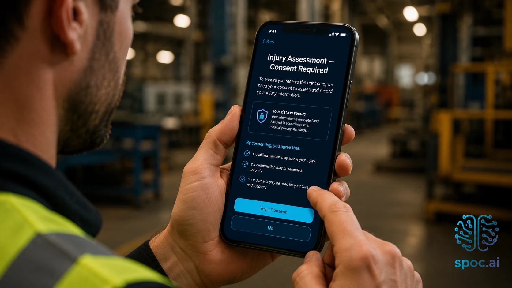 Worker consent screen on spoc.ai — Do you consent to this assessment? Yes or No