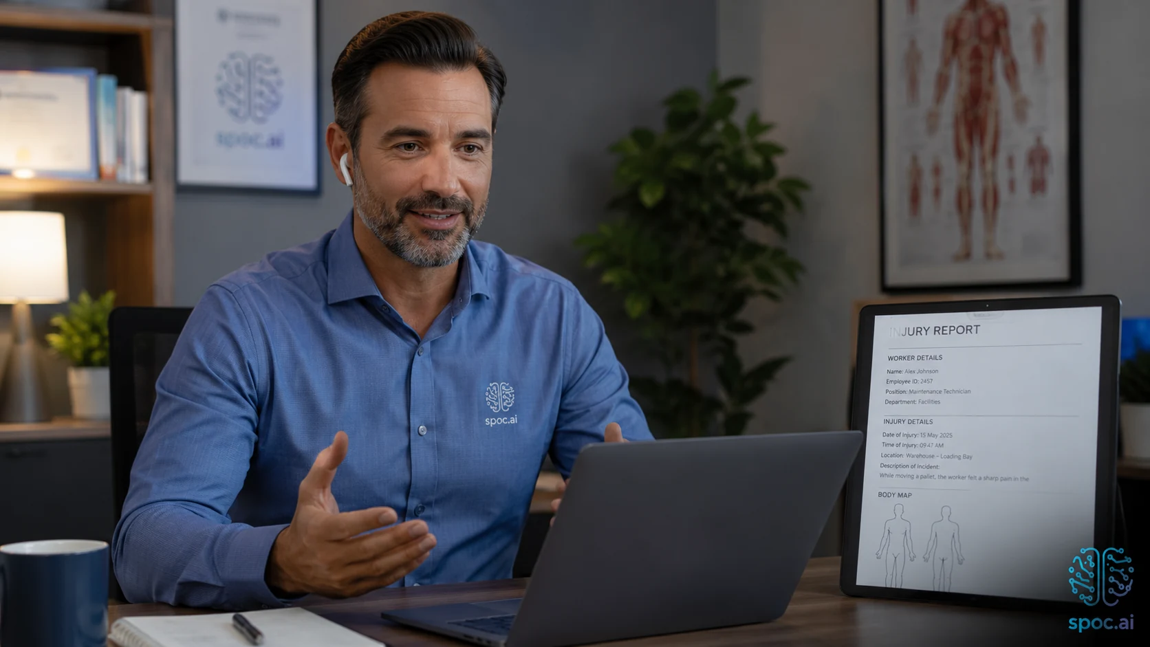 spoc.ai clinician in open blue shirt conducting a telehealth injury consultation